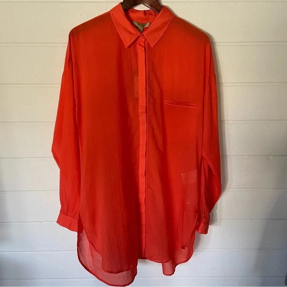 NWT Bandolera Button Down Oversized Orange Cotton Tunic Shirt Size 10